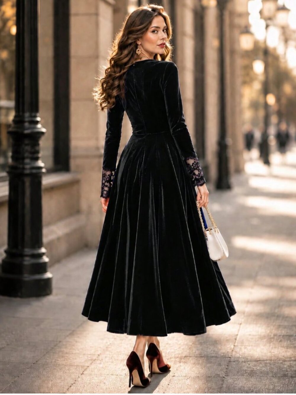Black Velvet Midi Dress – Plunging Scalloped Lace V-Neck Long Sleeve - Picture 3 of 6